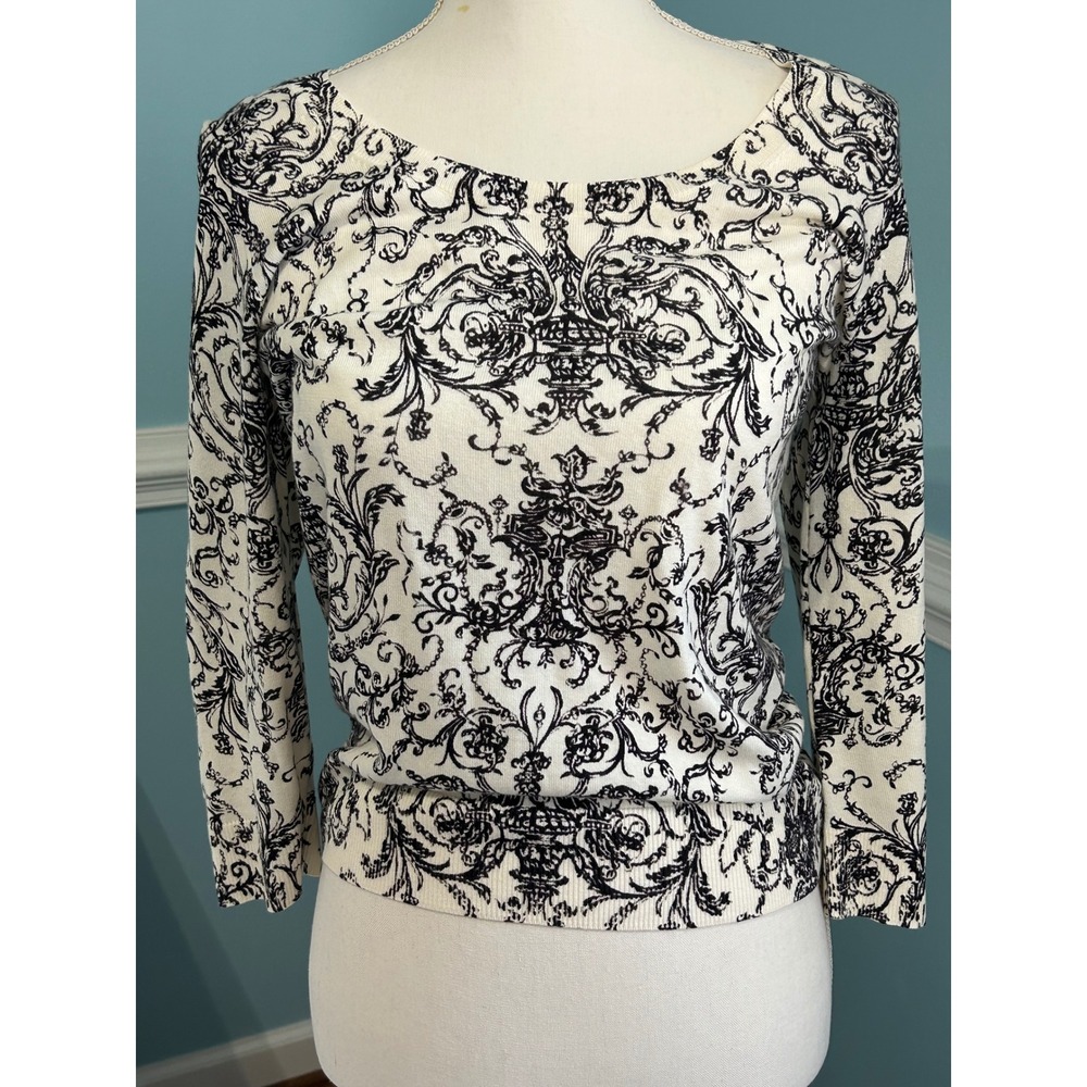 Talbots Womens Small Sweater Cream Black Damask Scroll Print 3/4 Sleeve Knit Top